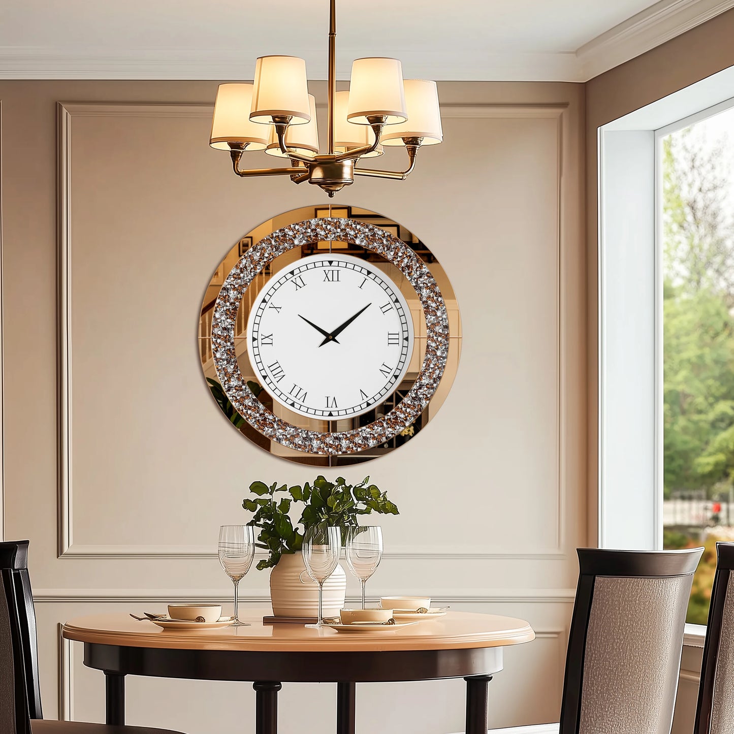 Round Mirror Clock With Crystal Sparkle Accents For Wall Decor
