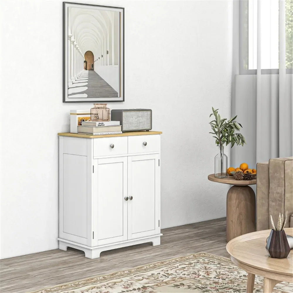 sideboard with solid wood countertop, modern kitchen storage cabinet, coffee bar cabinet with 2 drawers, doors and adjustable s