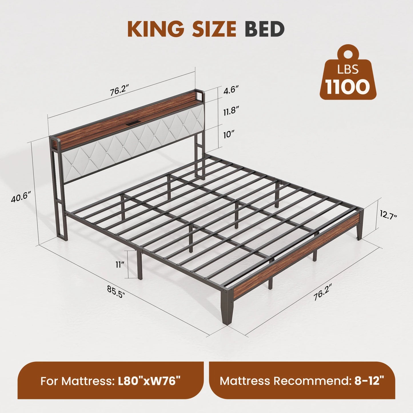 JHK Heavy Duty Metal Bed Frame With Headboard Charging Station