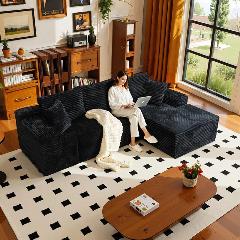 L Shaped Sofa Bed Convertible With Corduroy Fabric No Assembly