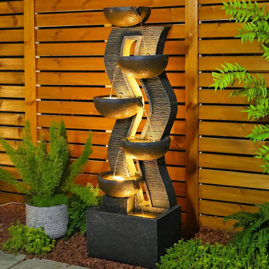 Outdoor Water Fountain With Lights Six Tier Cascading Resin