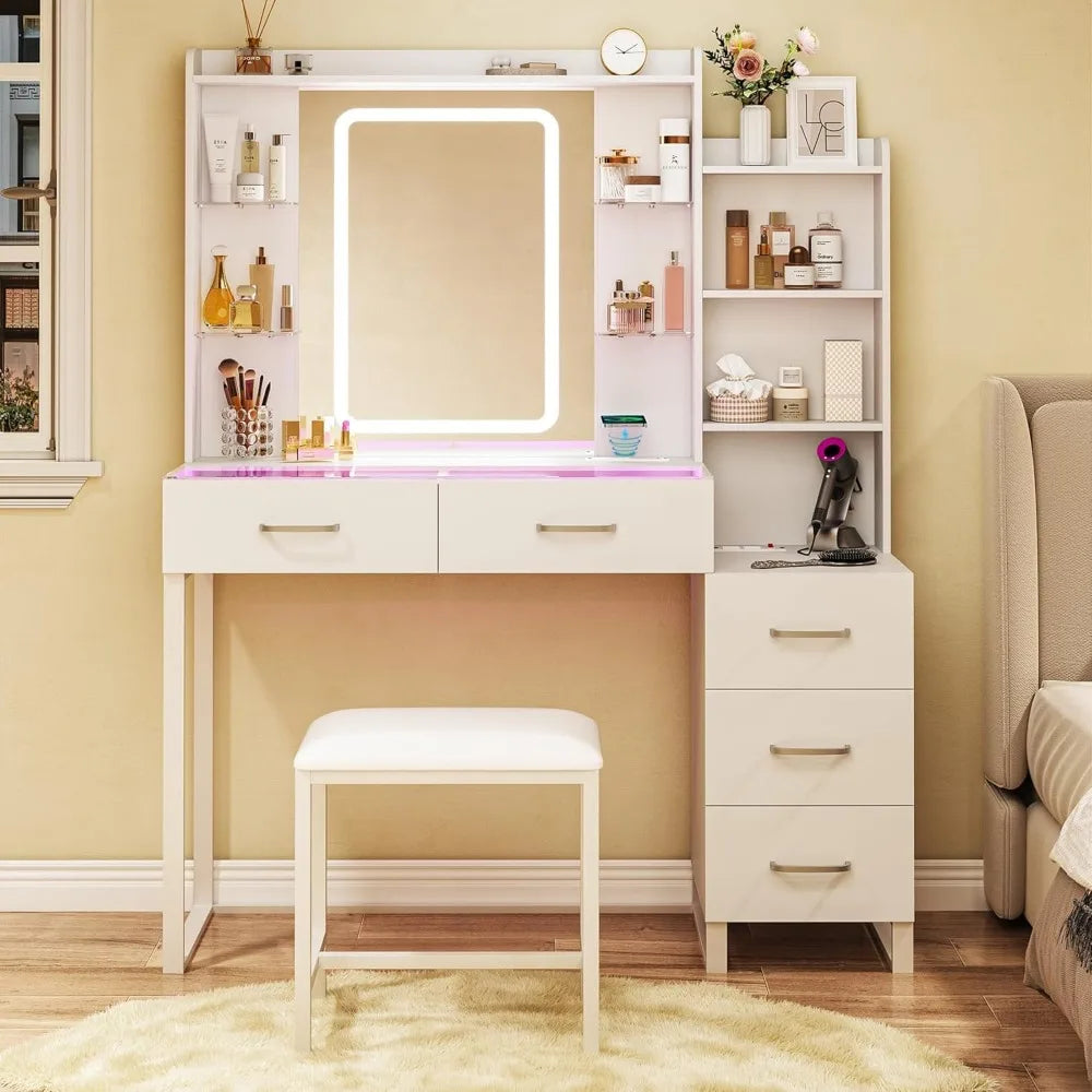 Glass Top Vanity Desk With LED Mirror And RGB Drawers
