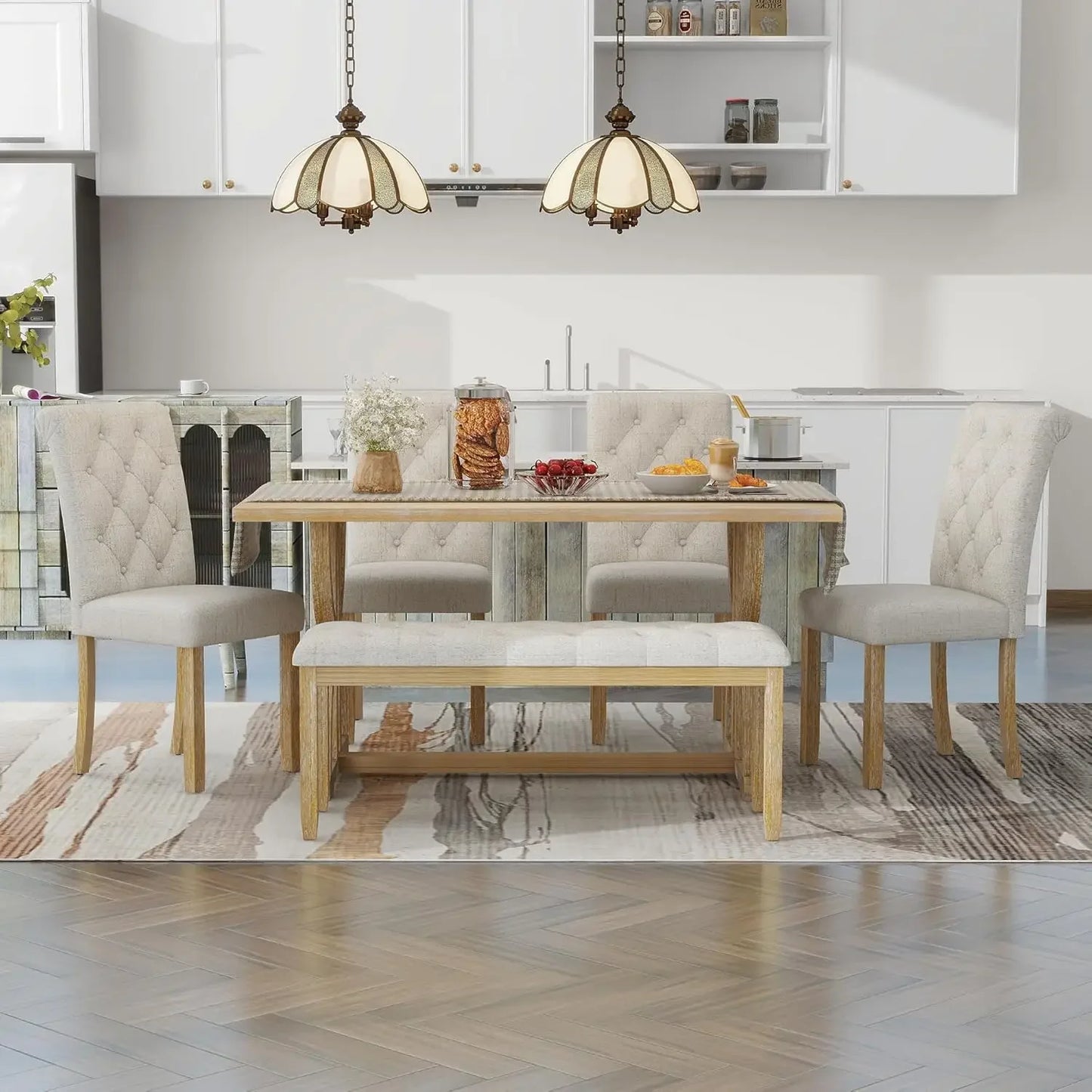 Solid Wood Dining Table Set for Six Bench and Chairs