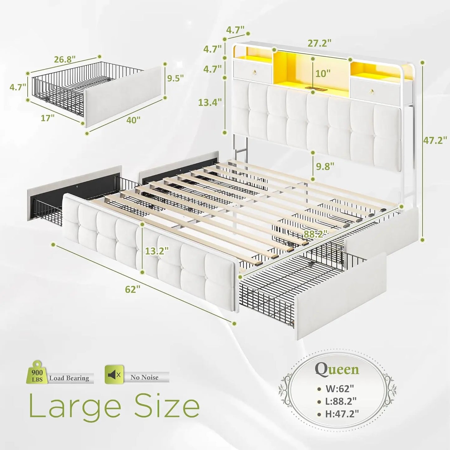 Queen Bed Frame With Storage Drawers And LED Lights