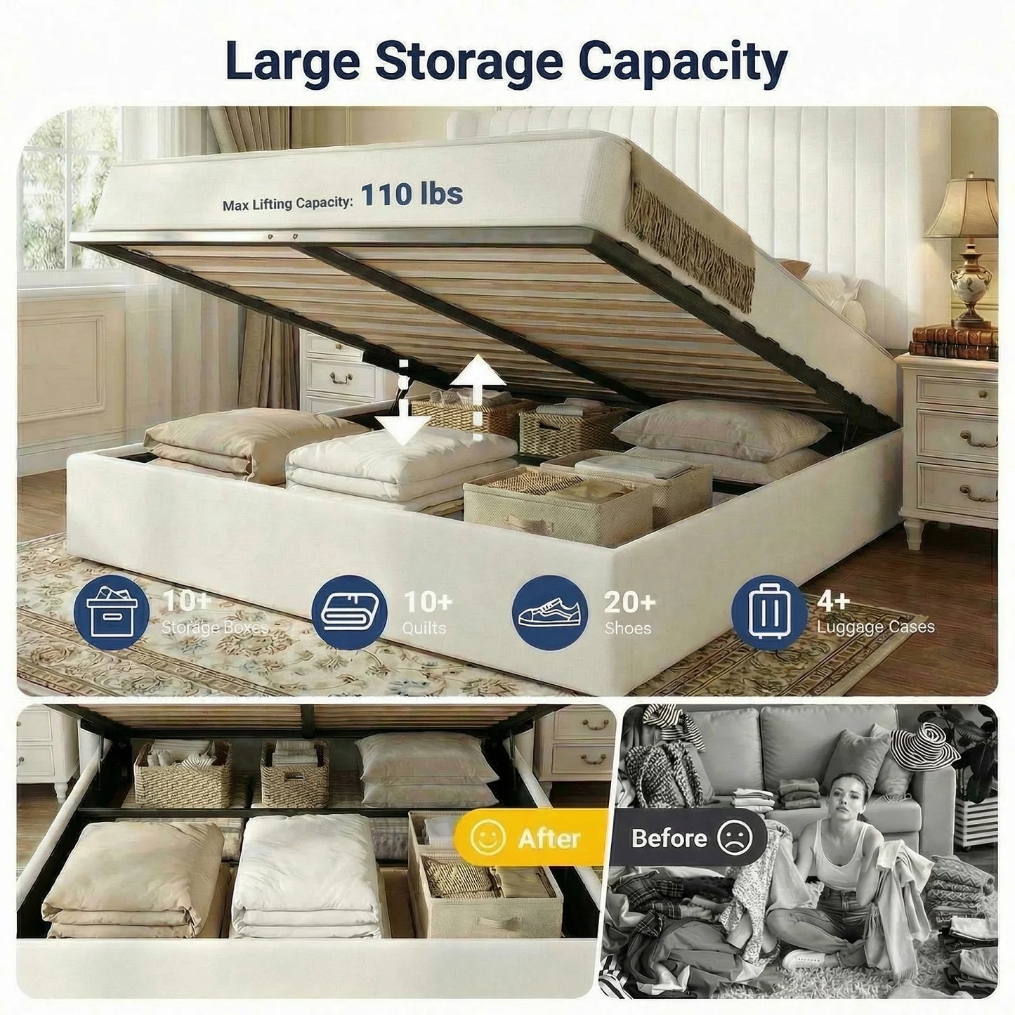 HOOMIC Velvet Lift Up Storage Bed Frame With Hydraulic System