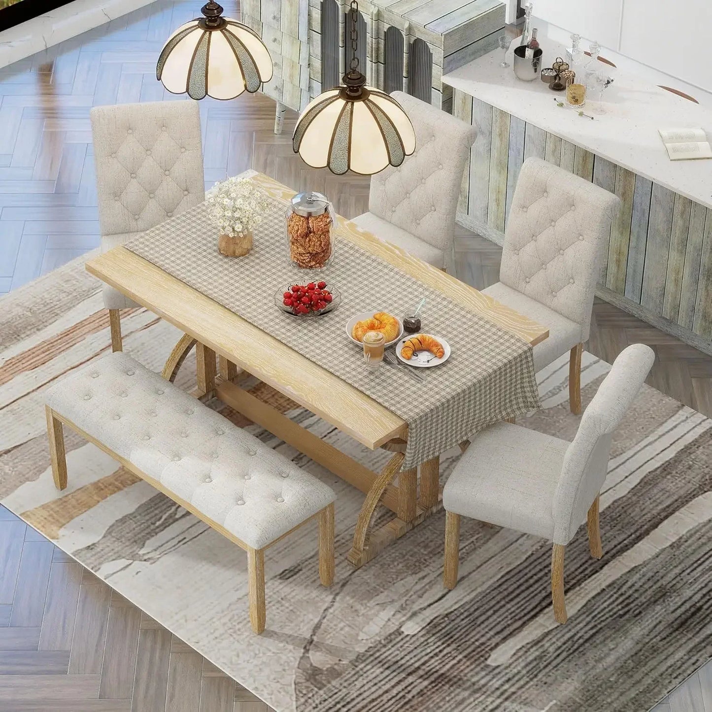 Solid Wood Dining Table Set for Six Bench and Chairs