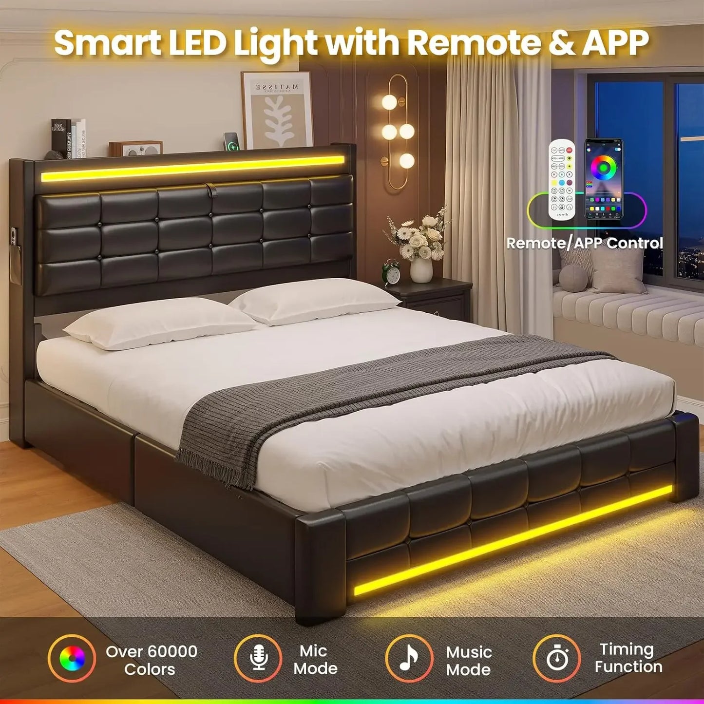 Queen Bed Frame With Storage Headboard And LED Charging Station