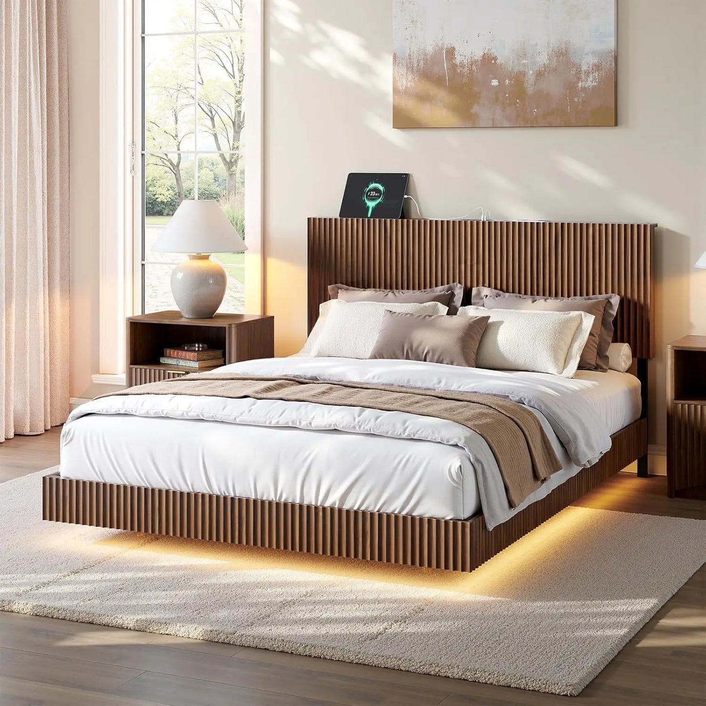 Walnut Floating Bed Frame With Headboard And LED Lights