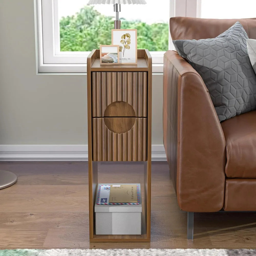 Jluomei Narrow Fluted Wooden Nightstand Two Drawer Bedside Table