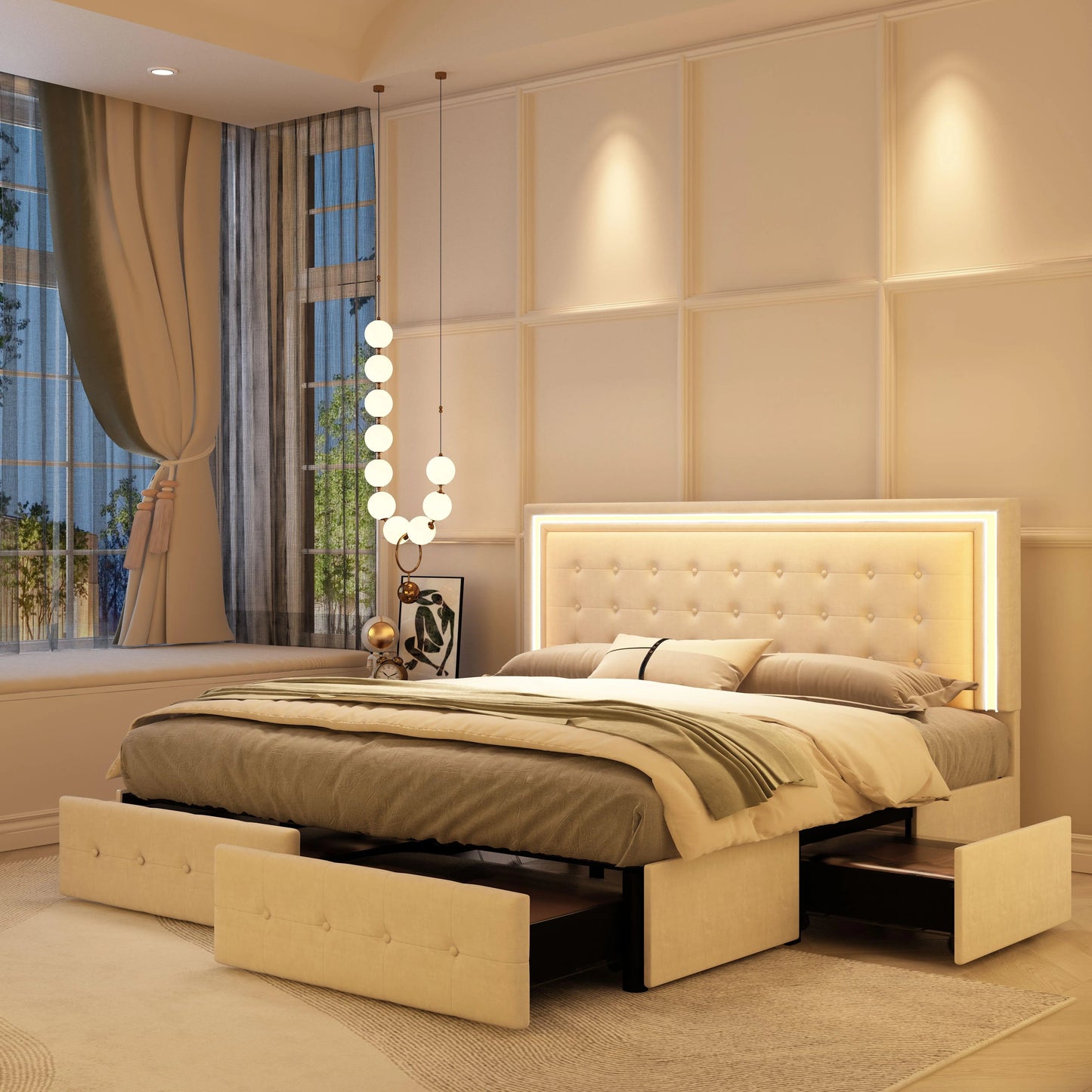GEGOFORU LED Bed Frame With 4 Storage Drawers RGBW Headboard