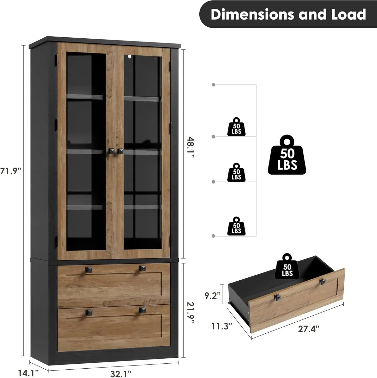 Modern Kitchen Pantry Cabinet with Glass Doors,72" Tall 2 Large Drawers,Adjustable Shelves,Durable MDF Storage Sideboard
