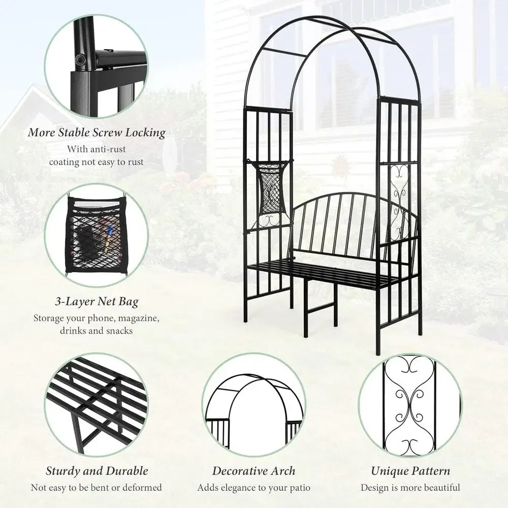 Metal Garden Arch With Bench For Climbing Plants And Seating