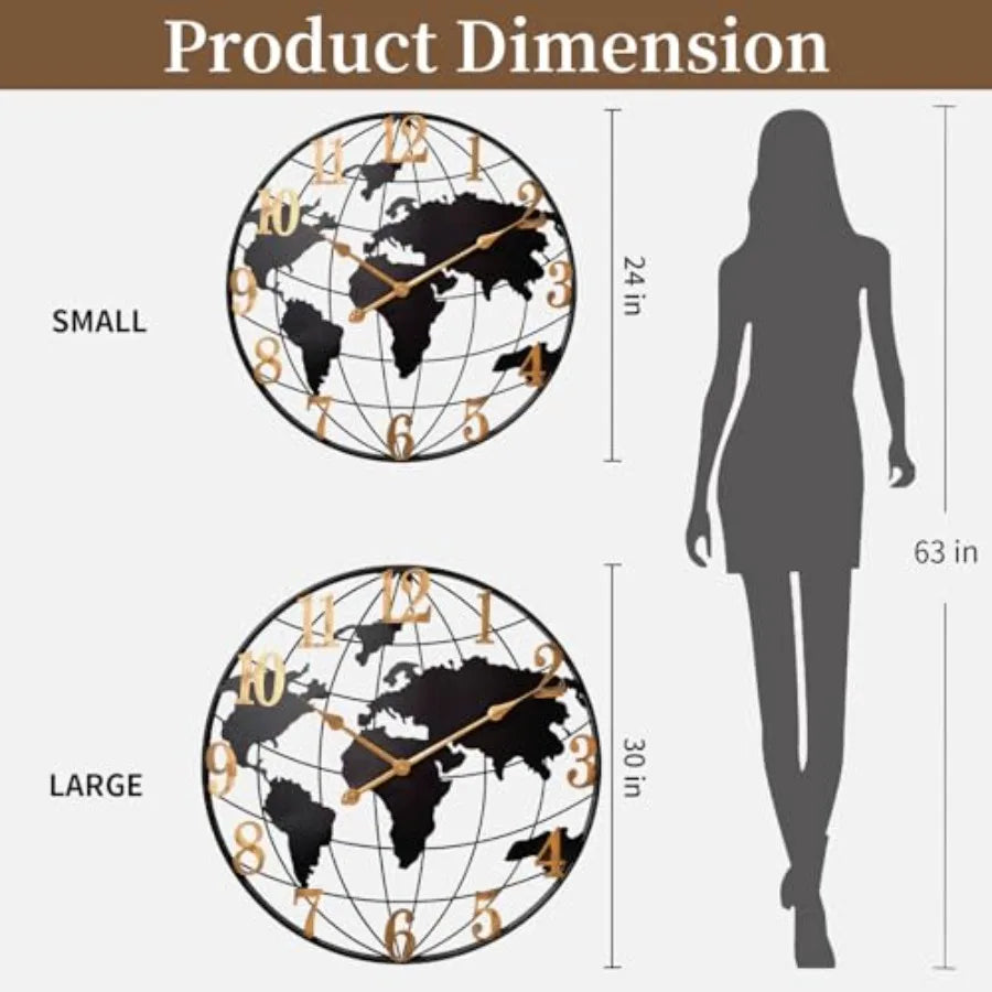 World Map Wall Clock Metal Minimalist Modern Design