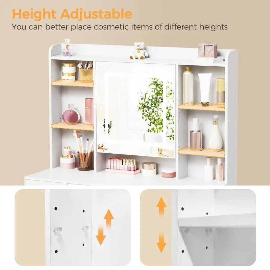 Makeup Vanity Desk With Mirror Lights And Hidden Jewelry Storage
