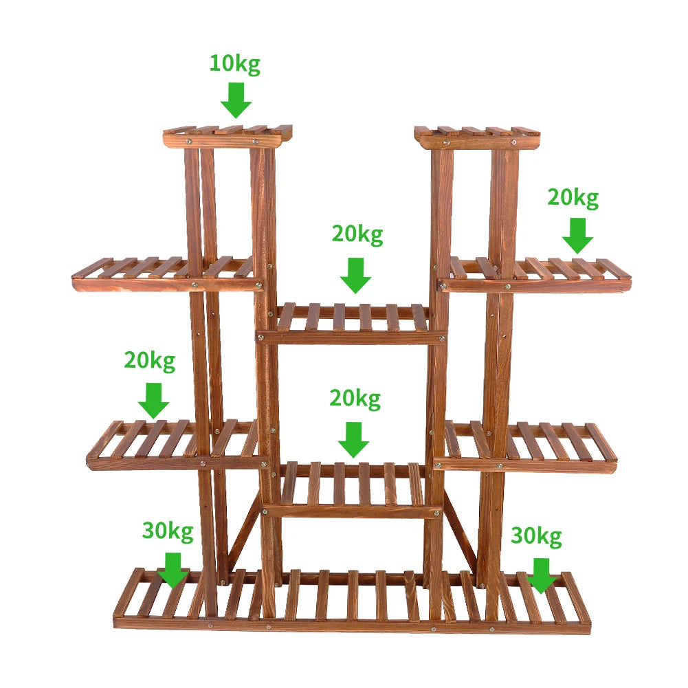11 Tier Wood Plant Stand Carbonized Display Shelf Garden Decor