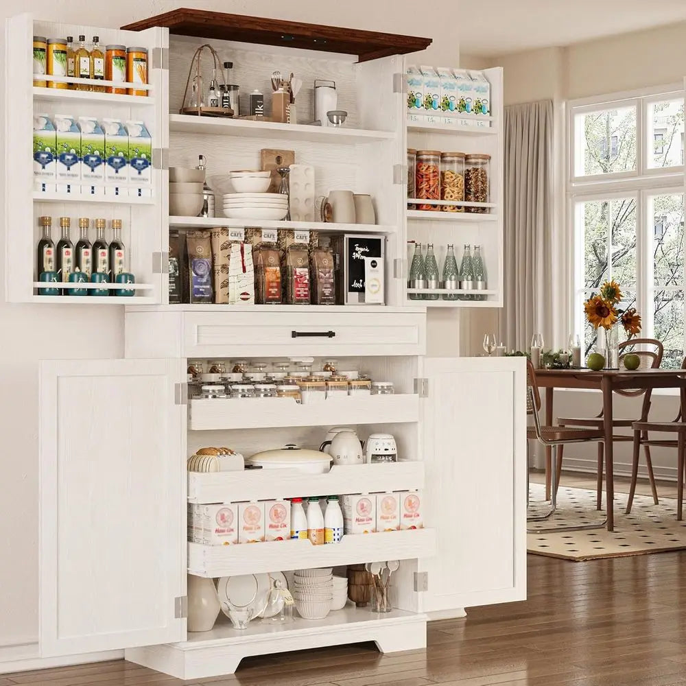 72 Tall Kitchen Storage Cabinet with Sliding Rack and 6 Hanging Shelves, White
