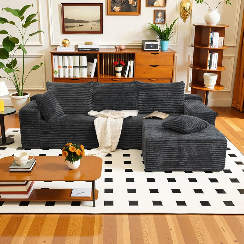 L Shaped Sofa Bed Convertible With Corduroy Fabric No Assembly
