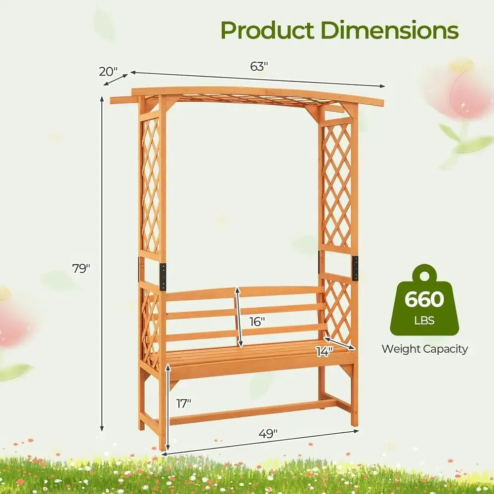 Wooden Garden Arch Trellis With Bench For Climbing Plants
