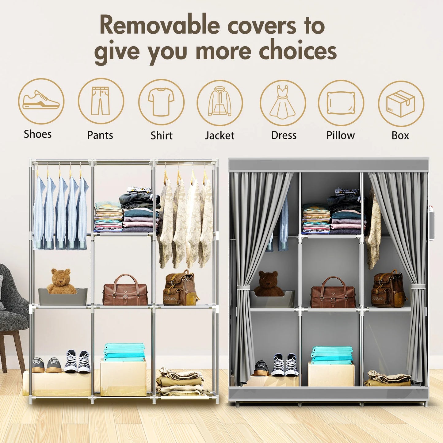 Closet Storage Portable Wardrobe Organizer Dustproof Nonwoven Fabric