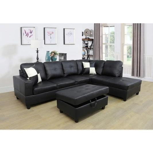 3-Piece L-Shape Sofa Set With Ottoman And Pillows