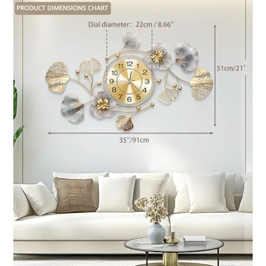 Retro Ginkgo Leaf Metal Wall Clock With Silent 3D Mechanism