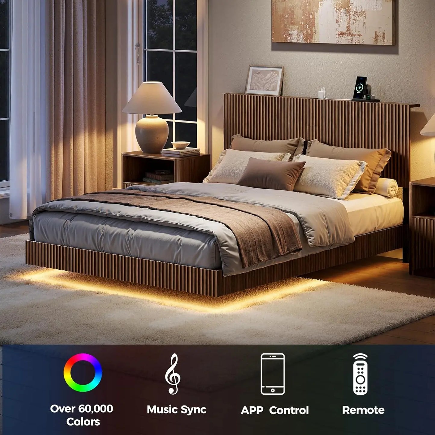 Walnut Floating Bed Frame With Headboard And LED Lights