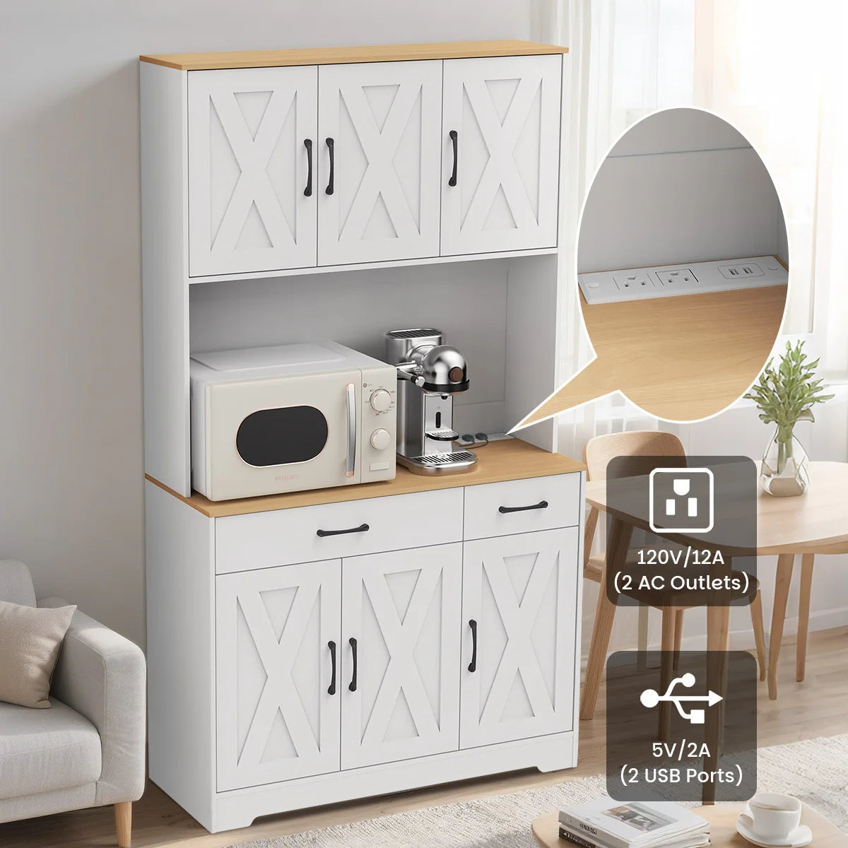 67" Food Pantry Storage Cabinet for Kitchen, White Freestanding Pantry with Charging Station, Door And Adjustable Shelves, Buffet Cabinet for Kitchen, Living Room, And Dining Room, Freestanding Tall Pantry with Microwave Shel