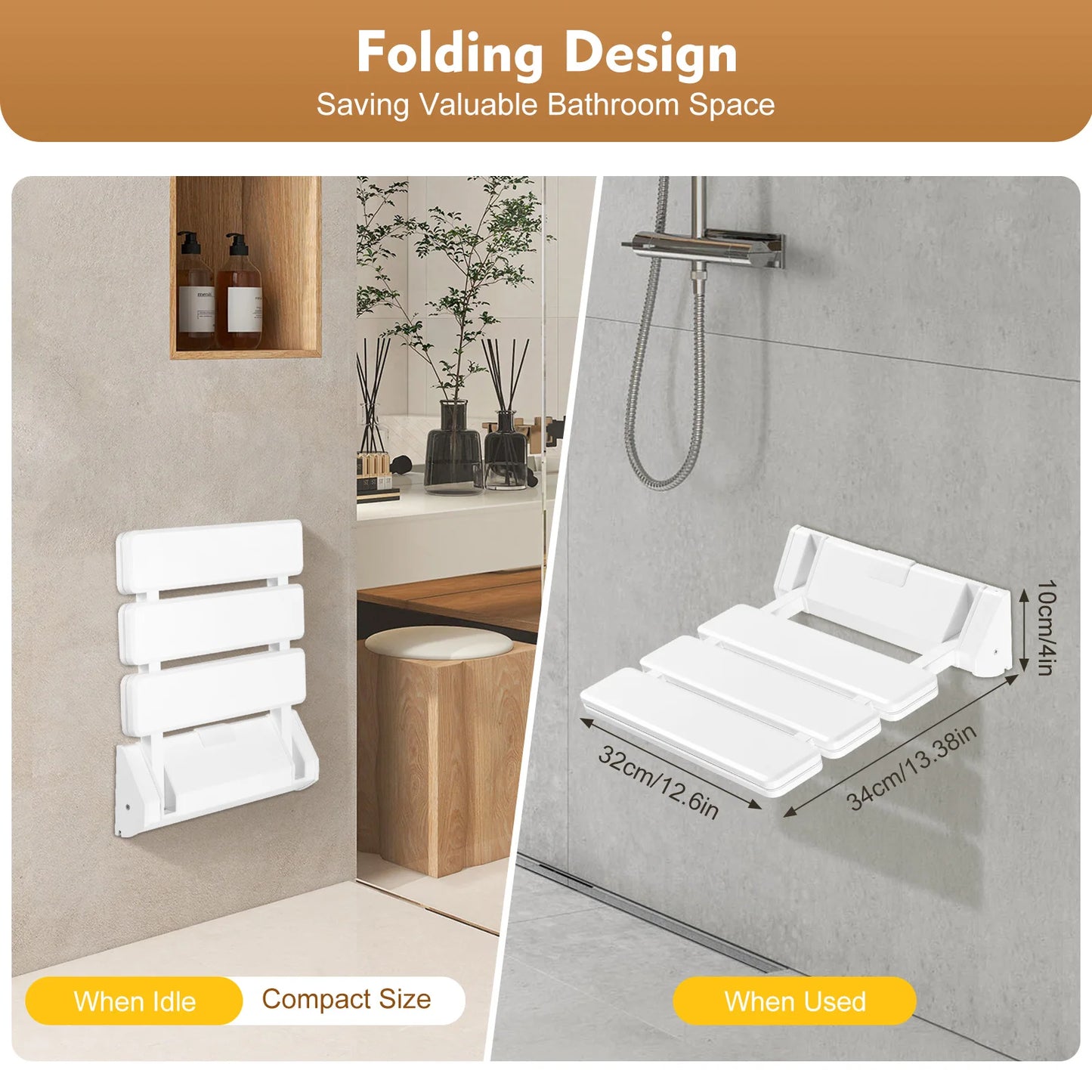 Wall Mounted Folding Shower Seat Non Slip White Bath Stool