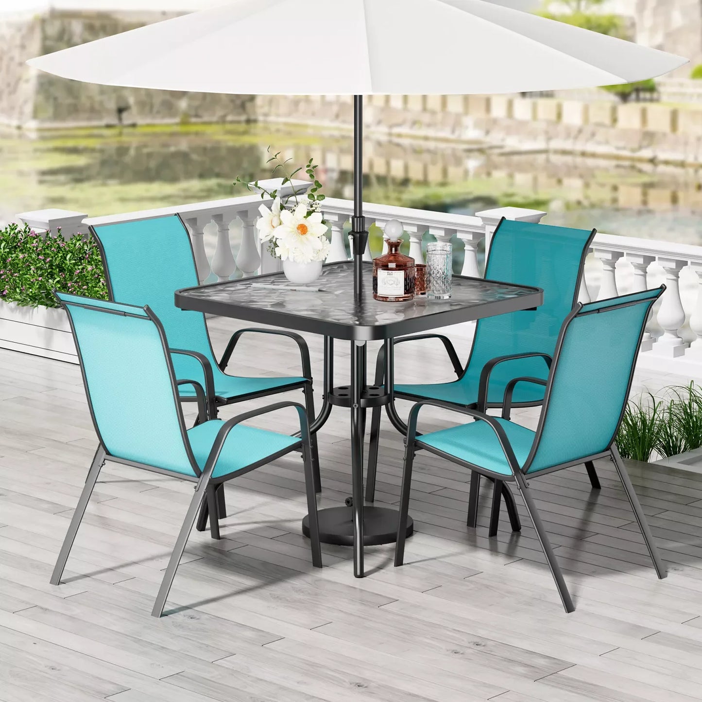 Patio Dining Set 5 Pieces All Weather Stackable Chairs