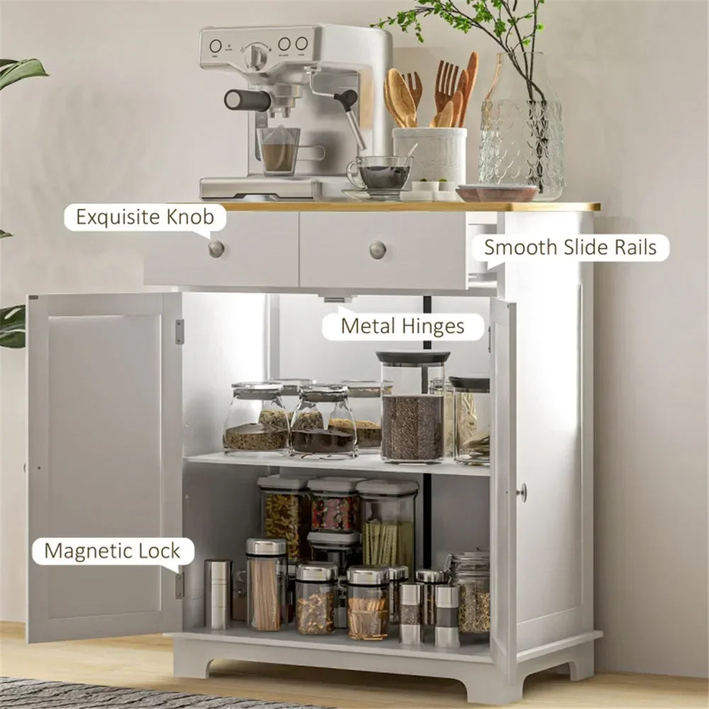 sideboard with solid wood countertop, modern kitchen storage cabinet, coffee bar cabinet with 2 drawers, doors and adjustable s