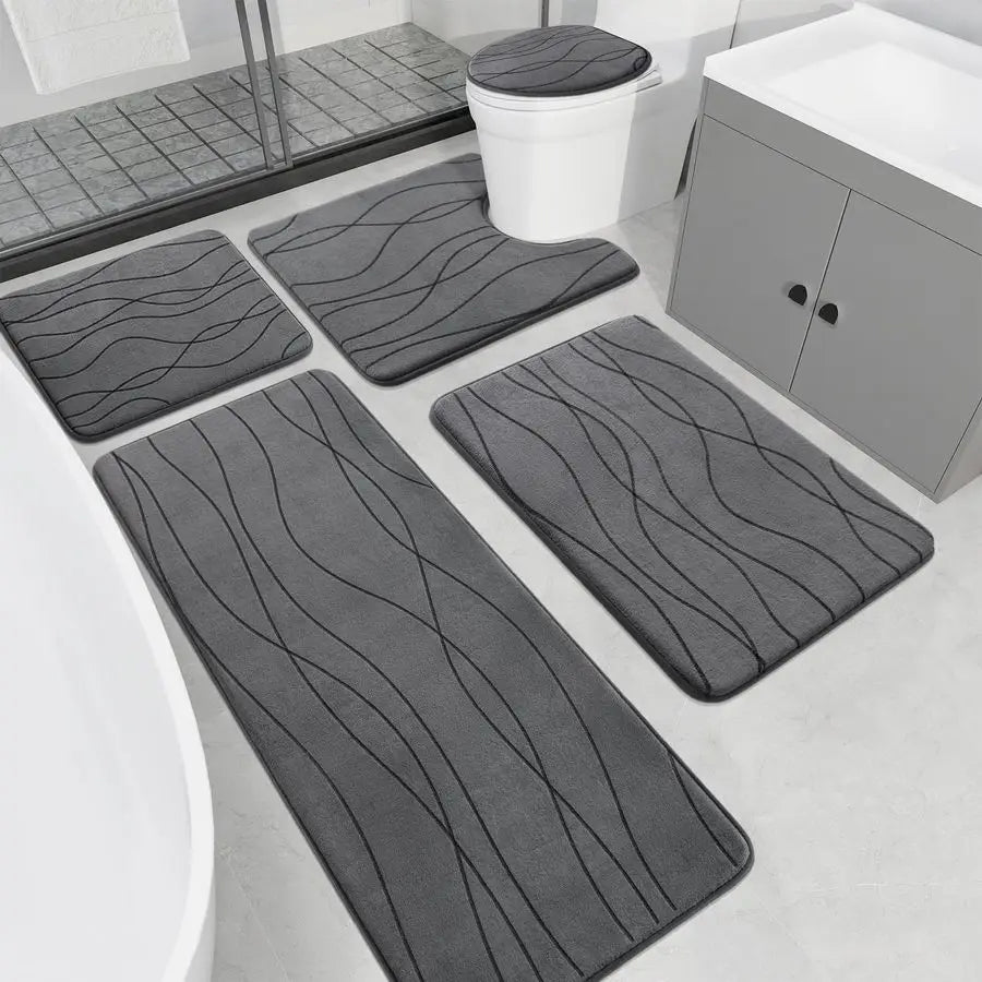 Memory Foam Five Piece Bathroom Rug Set NonSlip Machine Washable
