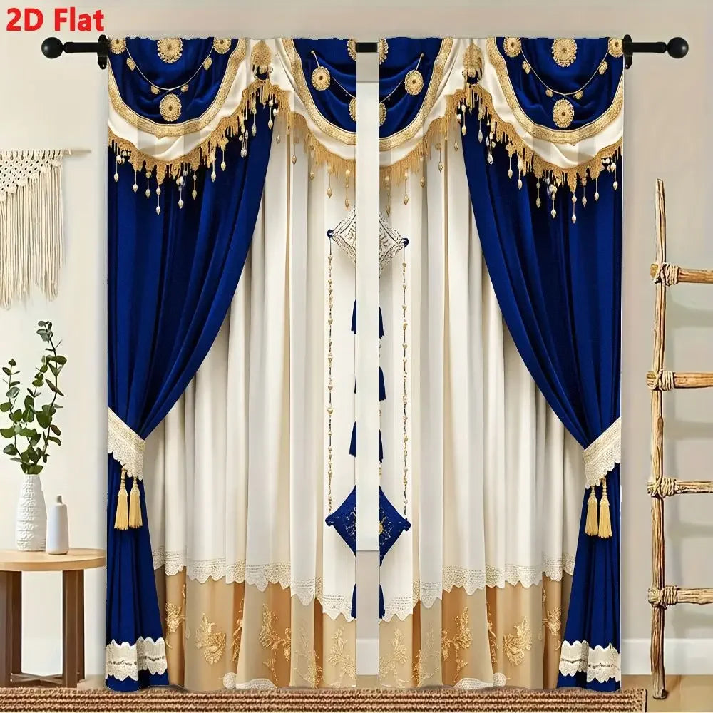 2Pcs Curtains Add 2D Flat Opulent Royal Blue Velvet Curtains With Gold Trim Cream Sheer Panels Ornate Tassels Window Drapes for