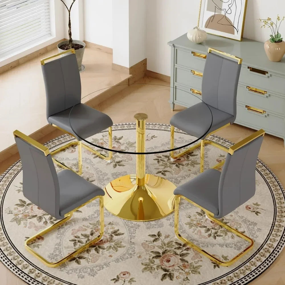 Round Glass Dining Table Set For Four With Metal Legs