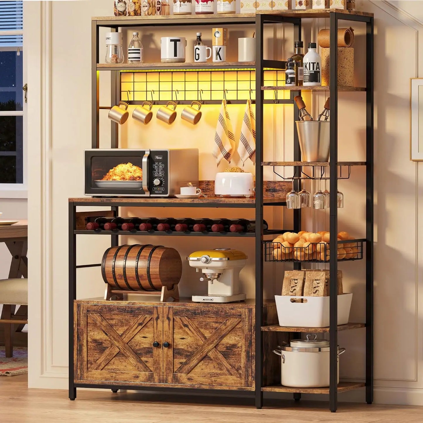 Bakers Rack With Power Outlet And Storage Cabinet Microwave Stand
