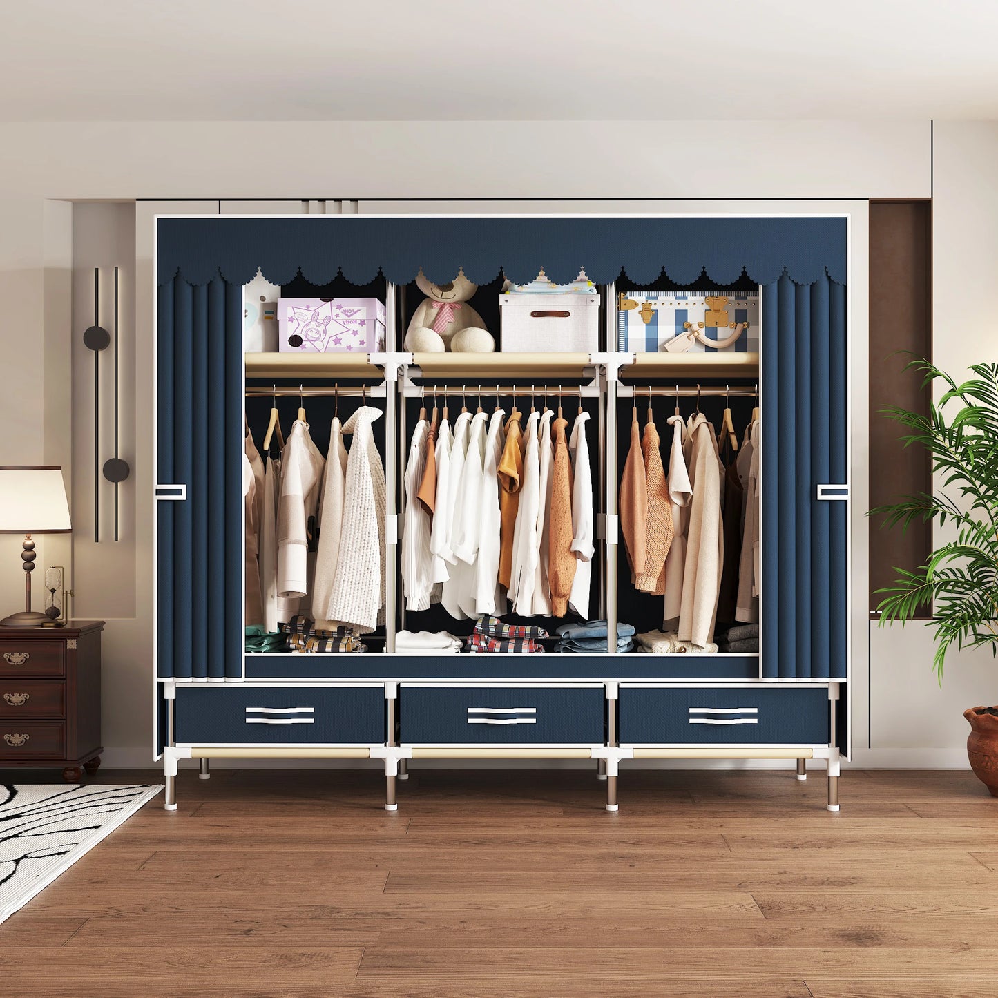 ArluKin Portable Wardrobe Closet With Steel Frame Nonwoven Dust Cover
