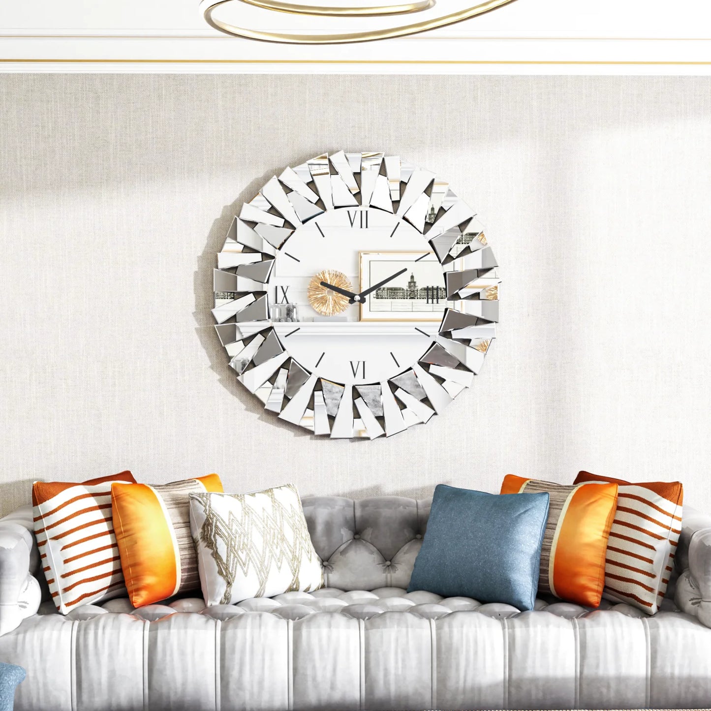 Wall Clock Round With Beveled Glass Edge And Mirrored Finish