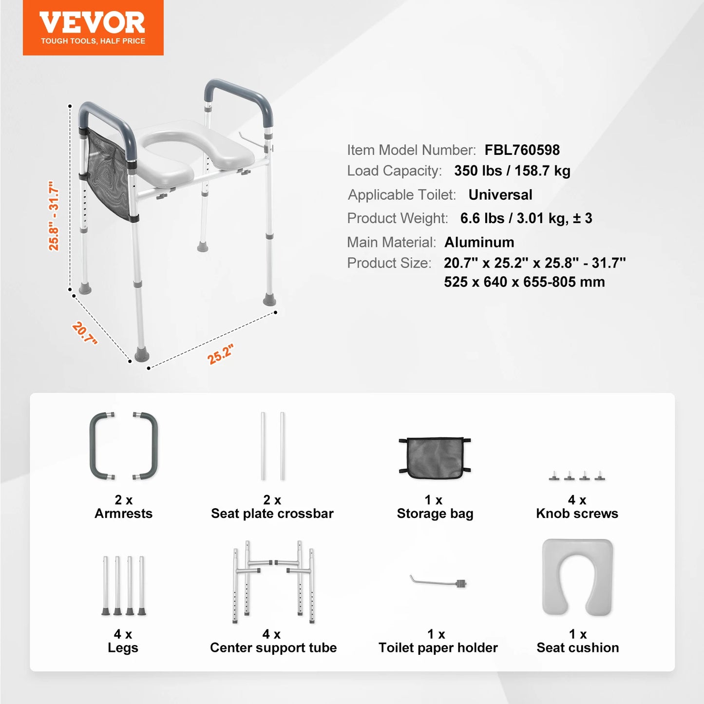 SucceBuy Raised Toilet Seat With 7-Position Height Adjustment 350 Lbs
