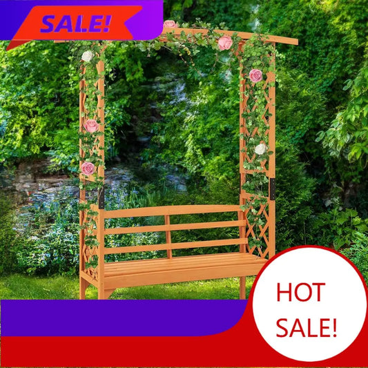 Wooden Garden Arch Trellis With Bench For Climbing Plants