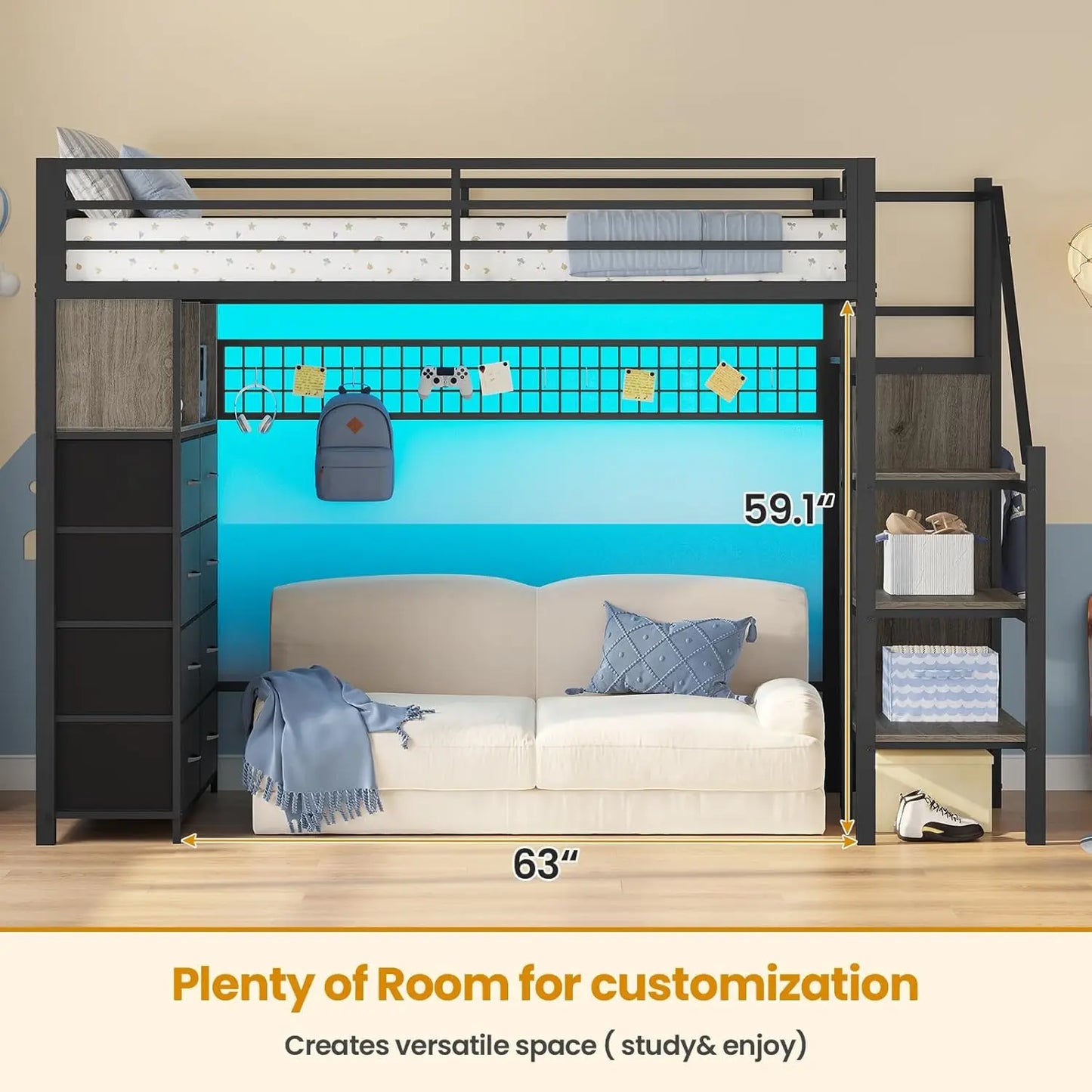 Metal Loft Bed With Storage Stairs LED Lights And Shelves