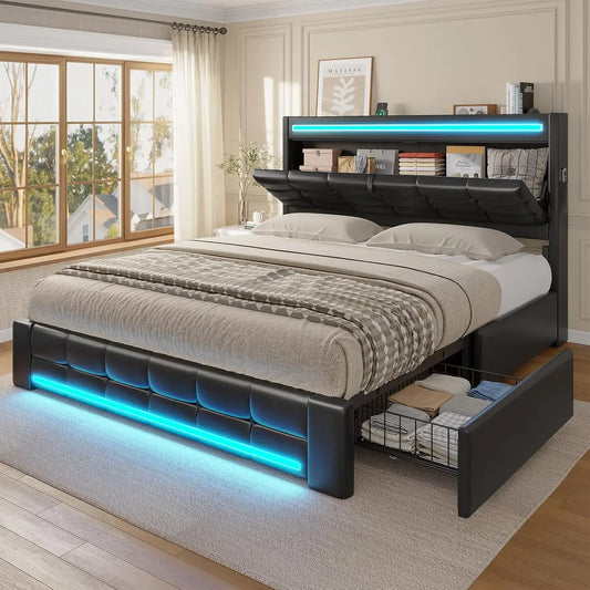 Queen Bed Frame With Storage Headboard And LED Charging Station