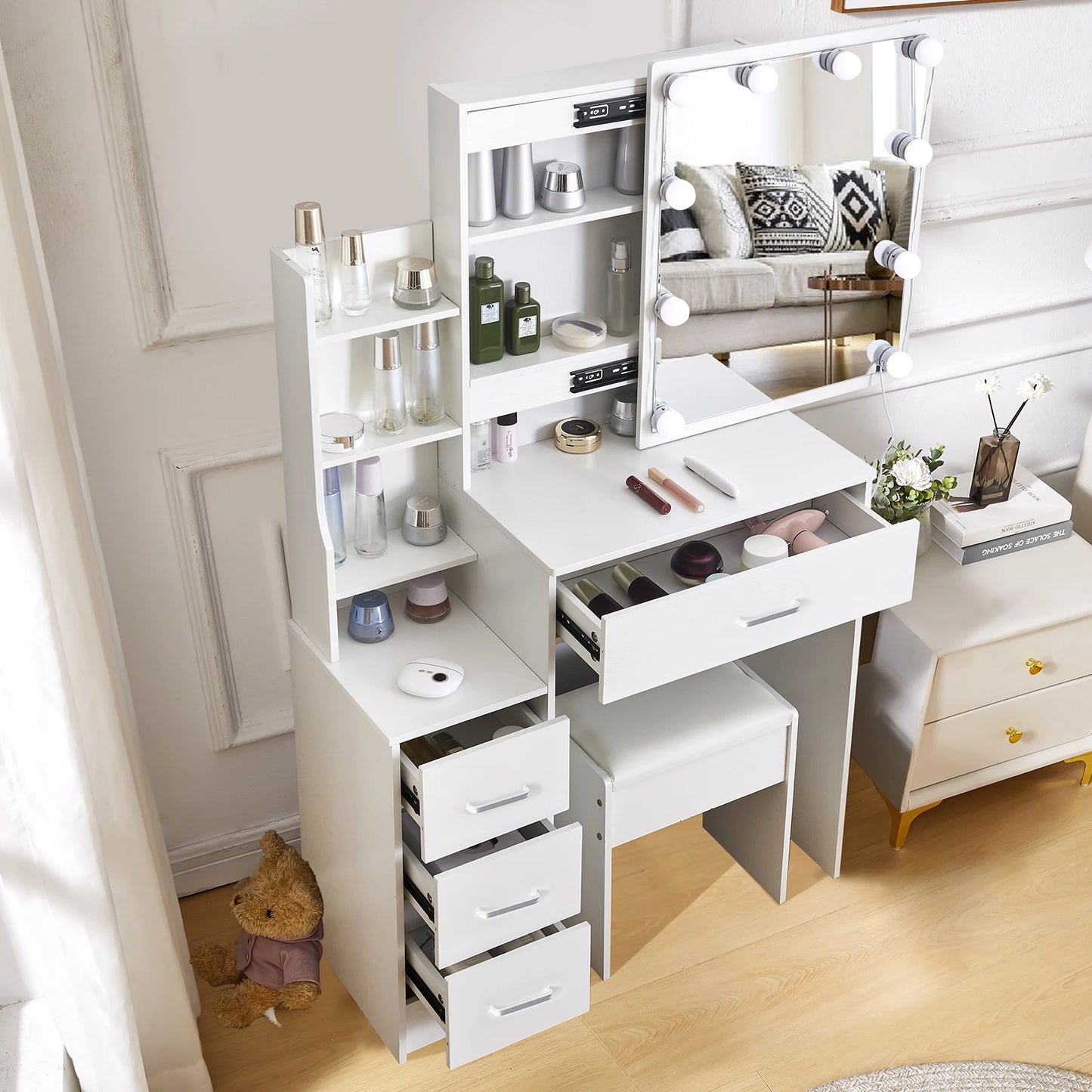 Yamissi LED Vanity Table With Sliding Mirror 4 Drawer Desk