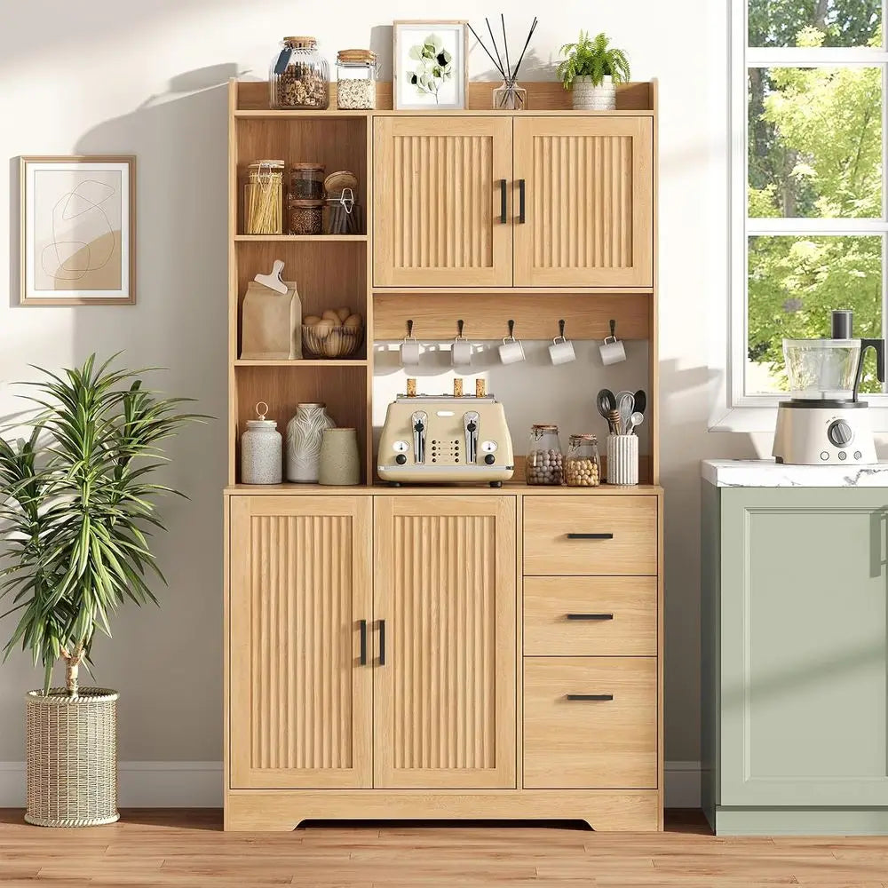 68 Tall Pantry Cabinet with Charging Station, 3 Drawers, 2 Cabinets, Open Shelves, Wood Hutch for Kitchen, Dining, or Living Roo