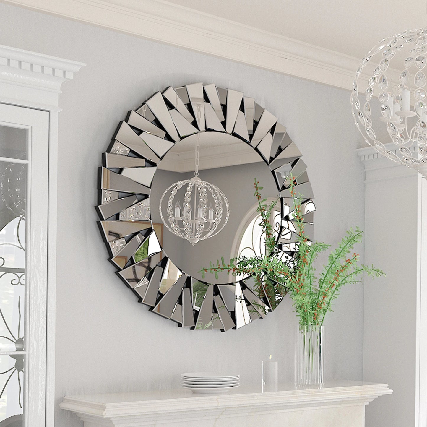 Sunburst Round Wall Mirror Beveled Glass Wall Decor