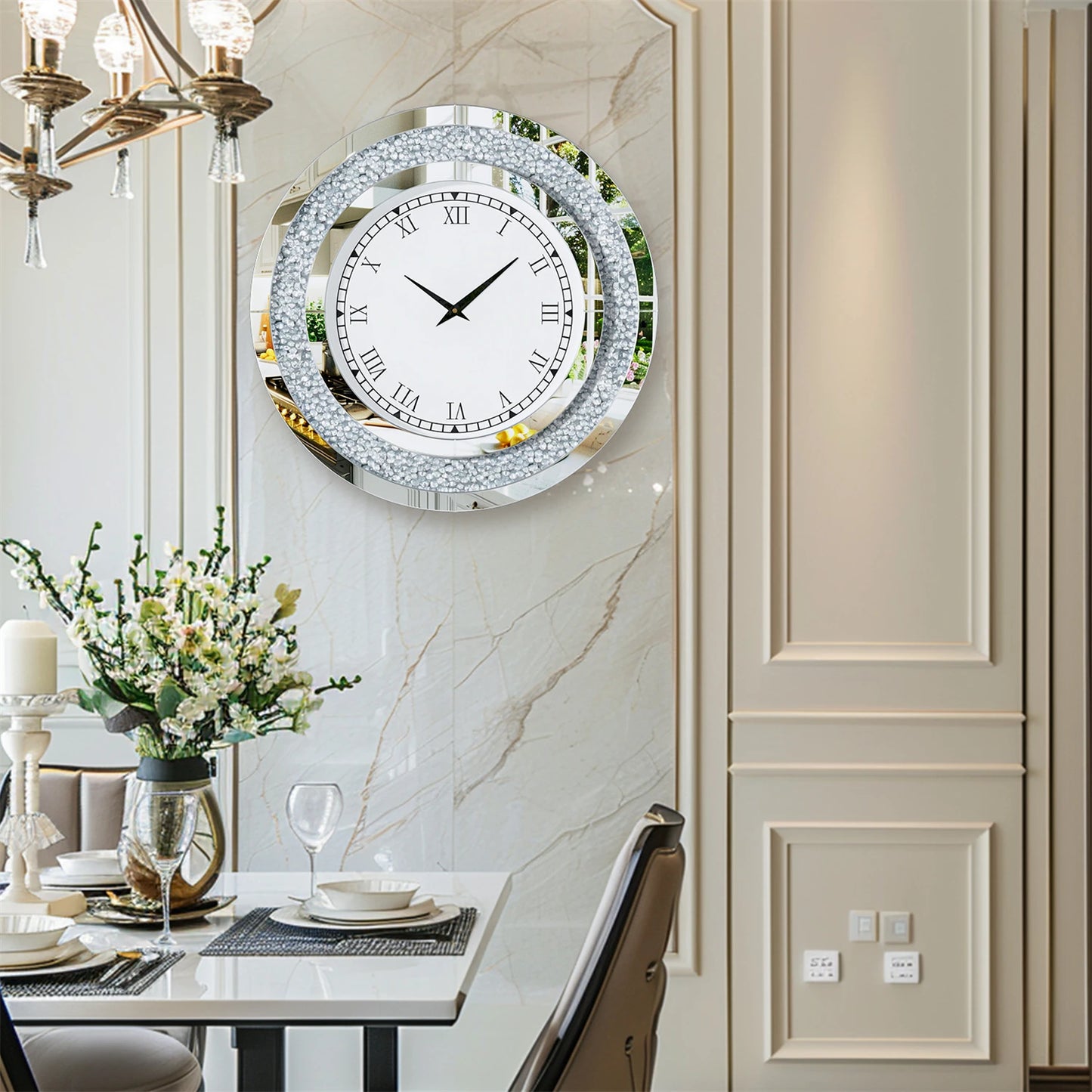 Round Mirror Clock With Crystal Sparkle Accents For Wall Decor
