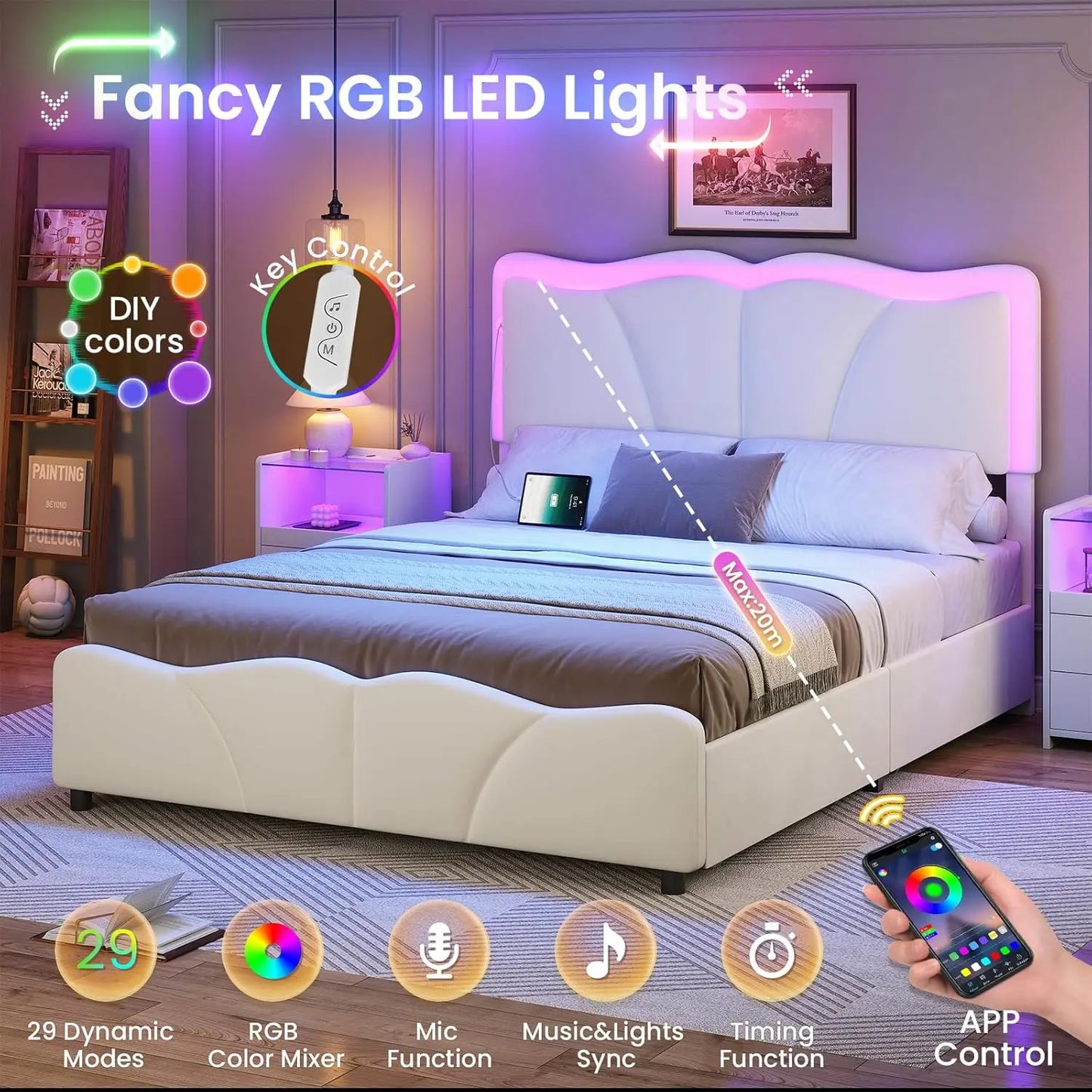 Velvet Platform Bed Frame With Adjustable Headboard And LED Lights