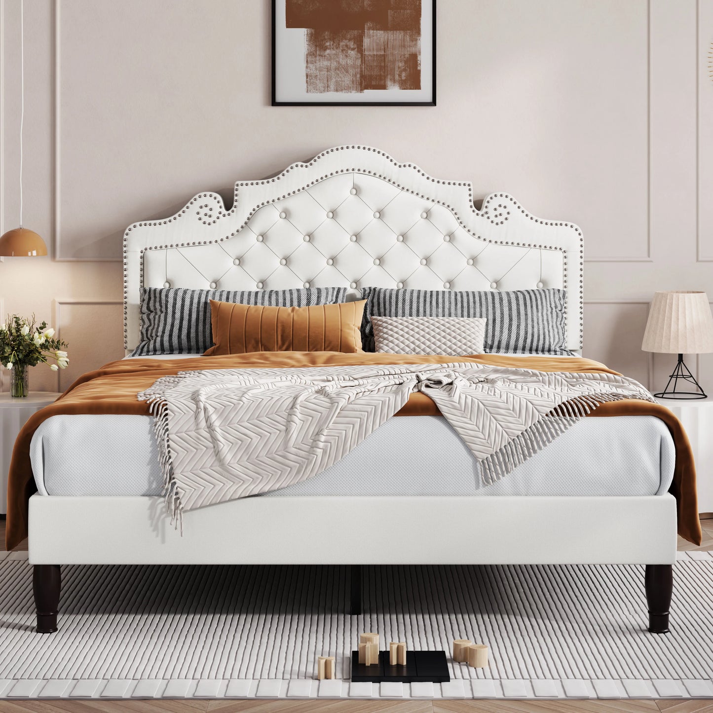 Hoomic Adjustable Velvet Tiara Headboard Bed Frame With Diamond Button Tufting