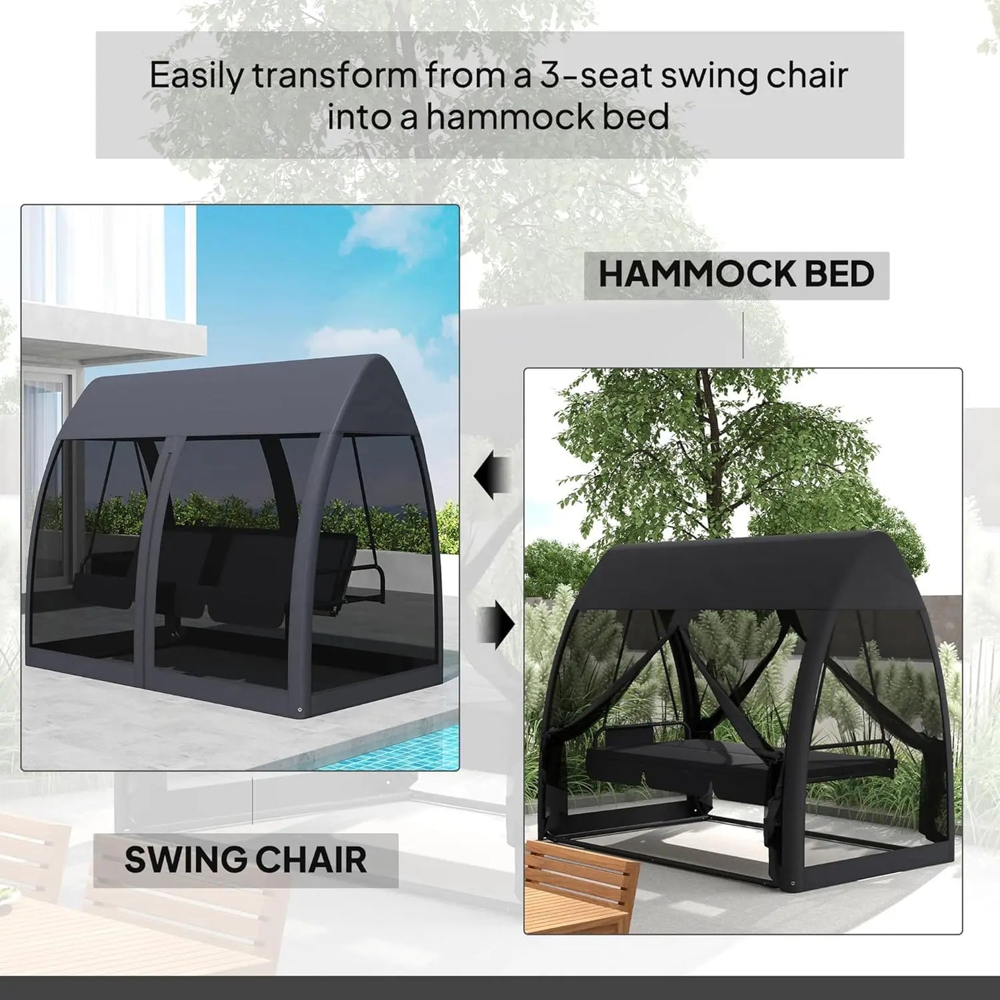 3 Seat Patio Swing Chair With Convertible Backrest And Canopy