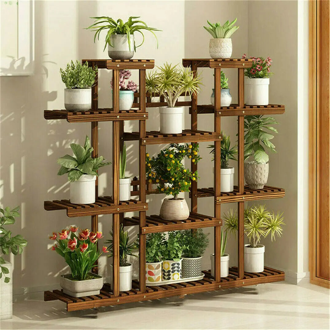 11 Tier Wood Plant Stand Carbonized Display Shelf Garden Decor