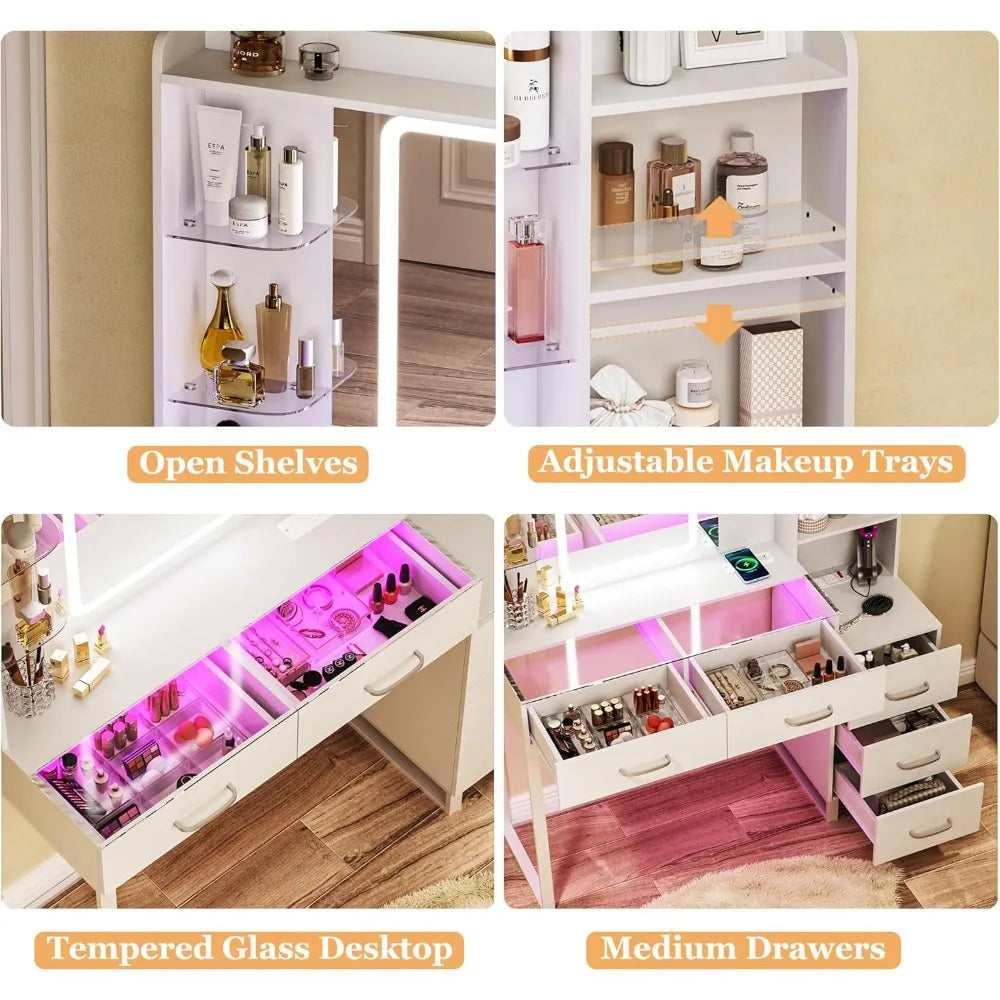 Glass Top Vanity Desk With LED Mirror And RGB Drawers