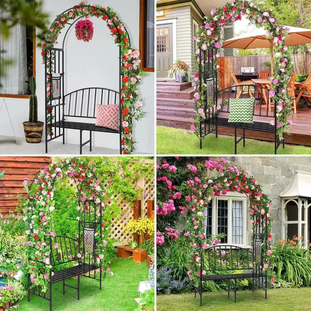 Metal Garden Arch With Bench For Climbing Plants And Seating